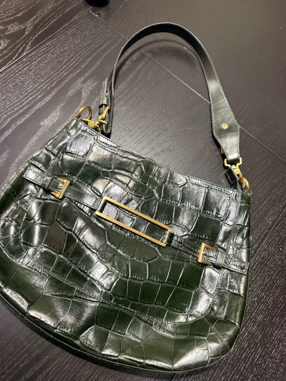Maxx New York Dark Green Croc-Embossed Shoulder Bag with Gold Hardware